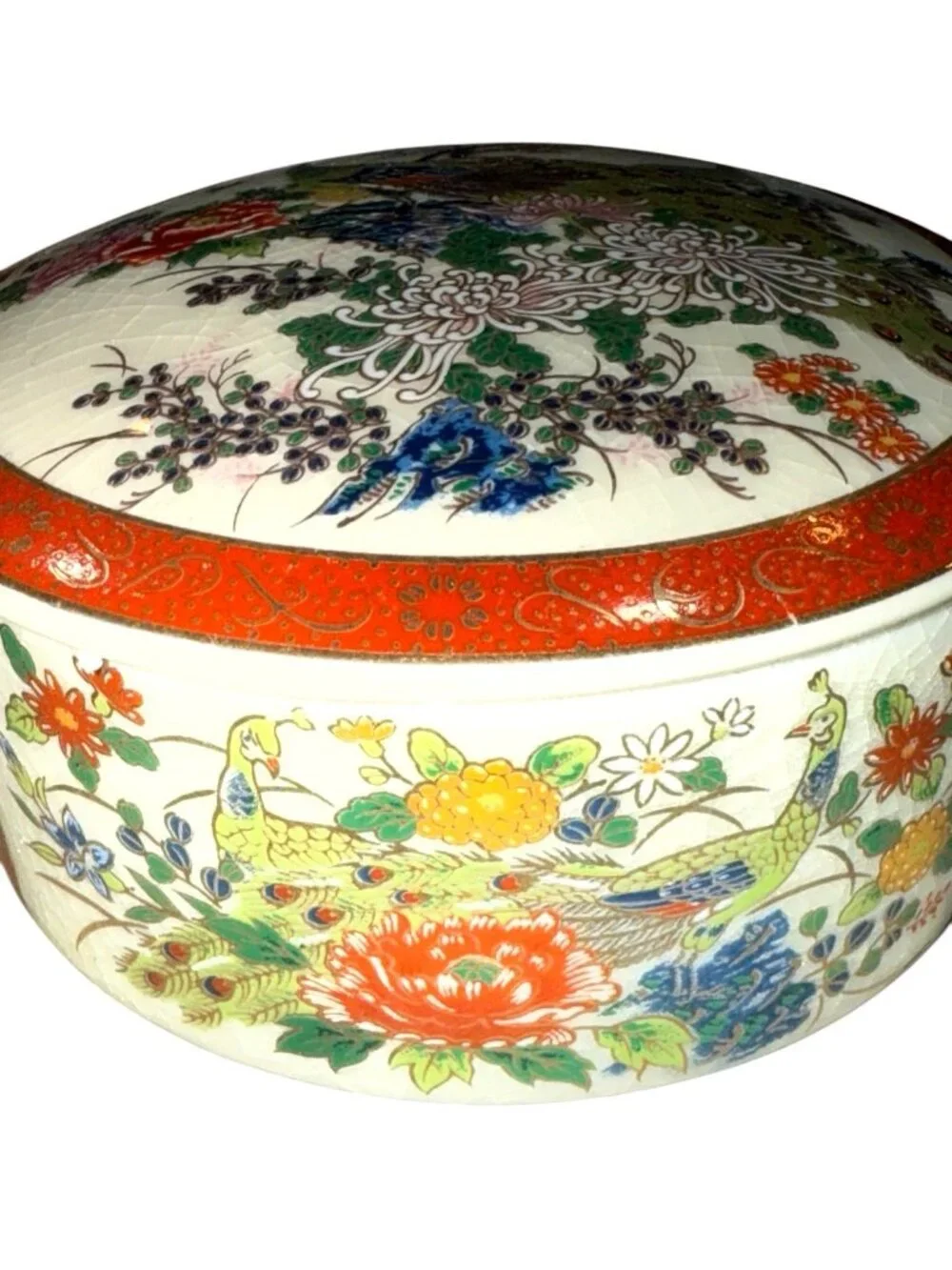 Vintage Satsuma Japanese Peacock Jewelry Box 3.75